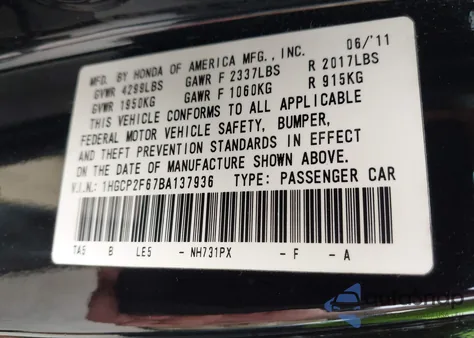 2011 Honda Accord 2.4 Se from USA, damaged, VIN 1HGCP2F67BA137936